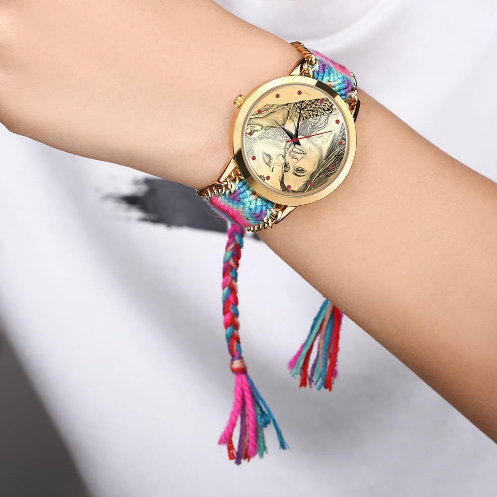 Women's Gold Photo Engraved Watch Braided Color Rope Strap 40mm - soufeelus