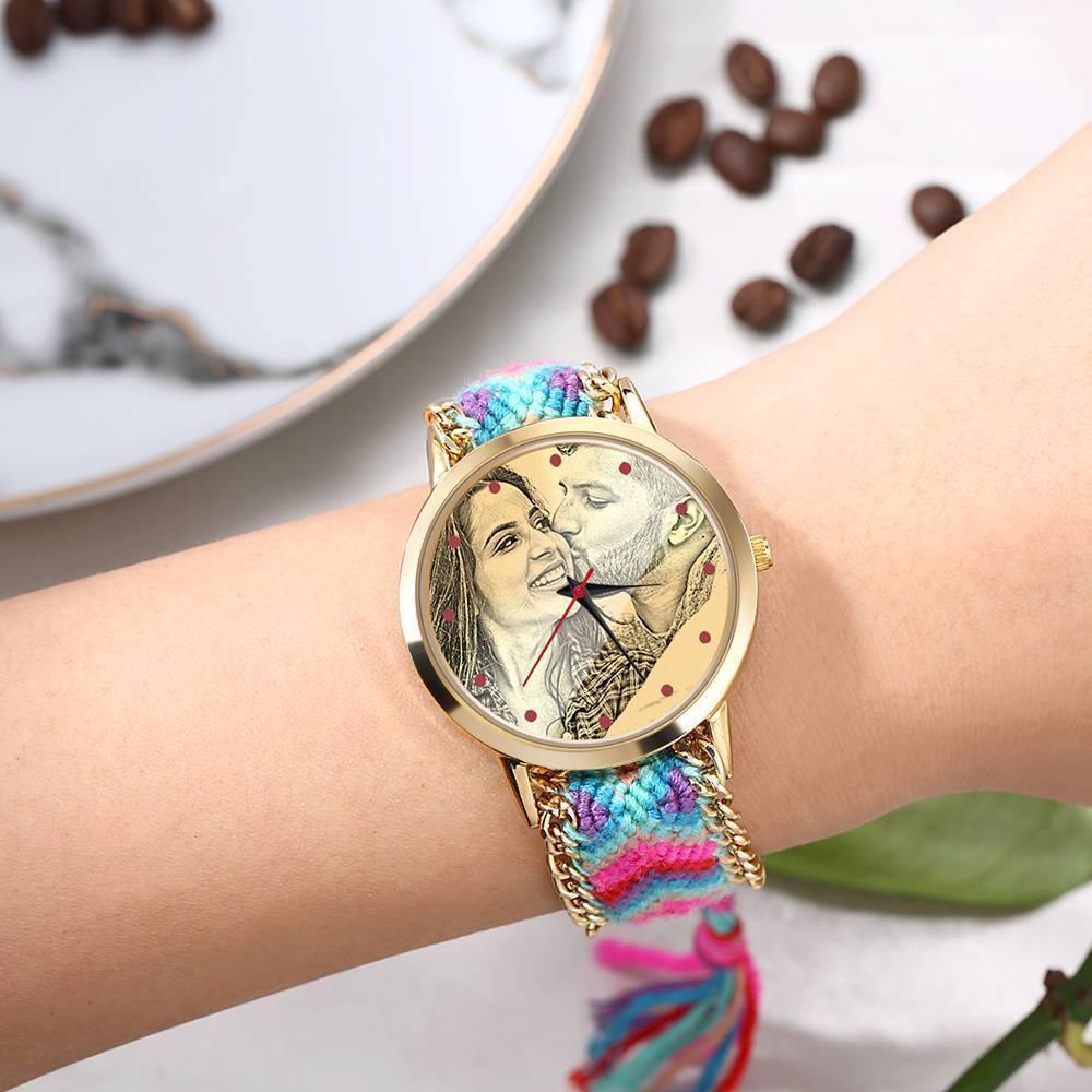 Women's Gold Photo Engraved Watch Braided Color Rope Strap 40mm - soufeelus