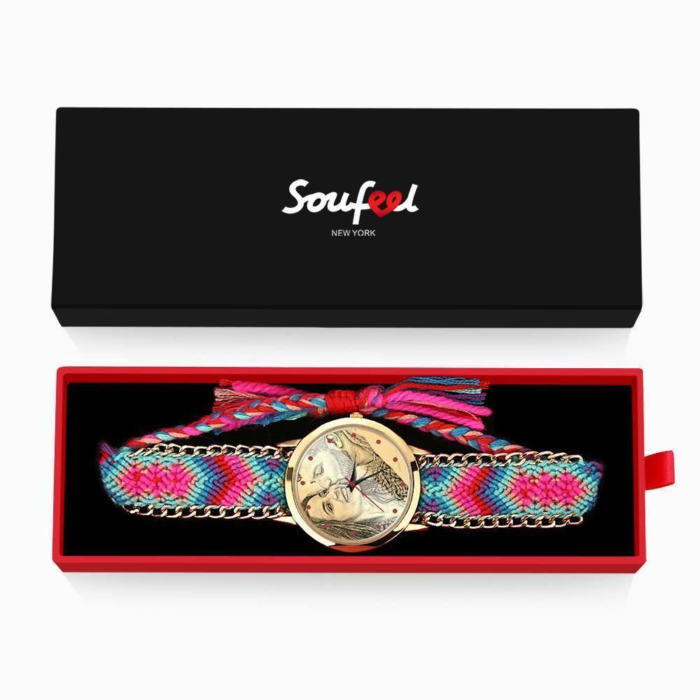 Women's Gold Photo Engraved Watch Braided Color Rope Strap 40mm - soufeelus