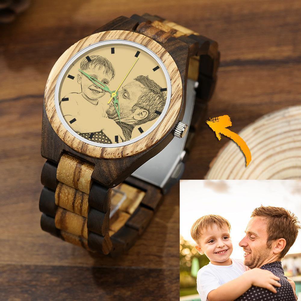 Men's Engraved Wooden Photo Watch Wooden Strap 45mm - soufeelus