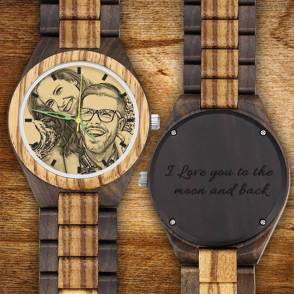 Men's Engraved Wooden Photo Watch Wooden Strap 45mm - soufeelus