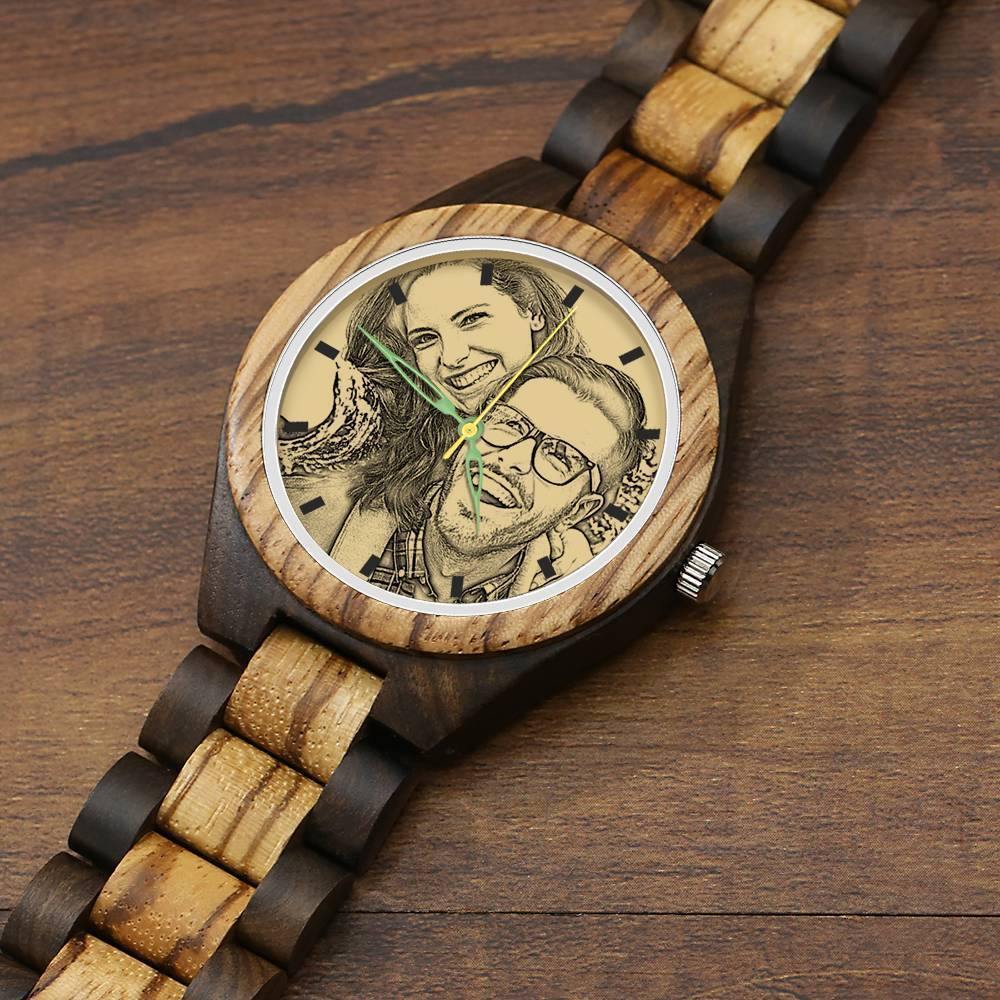 Men's Engraved Wooden Photo Watch Wooden Strap 45mm - soufeelus