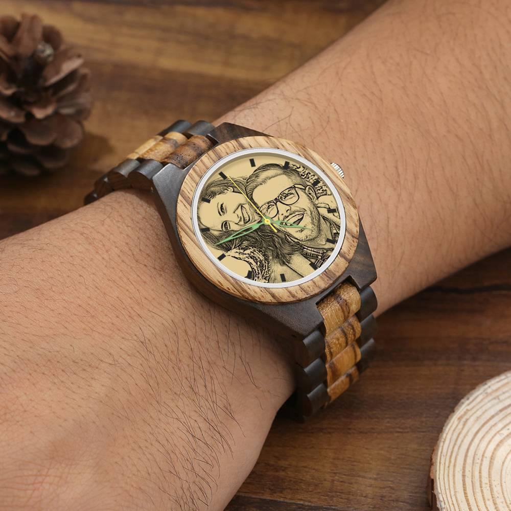 Men's Engraved Wooden Photo Watch Wooden Strap 45mm - soufeelus