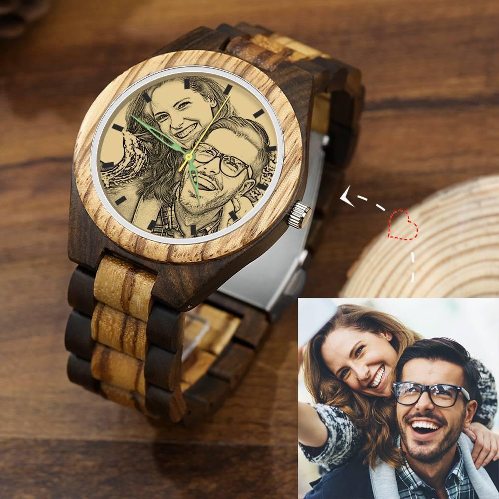 Men's Engraved Wooden Photo Watch Wooden Strap 45mm - soufeelus