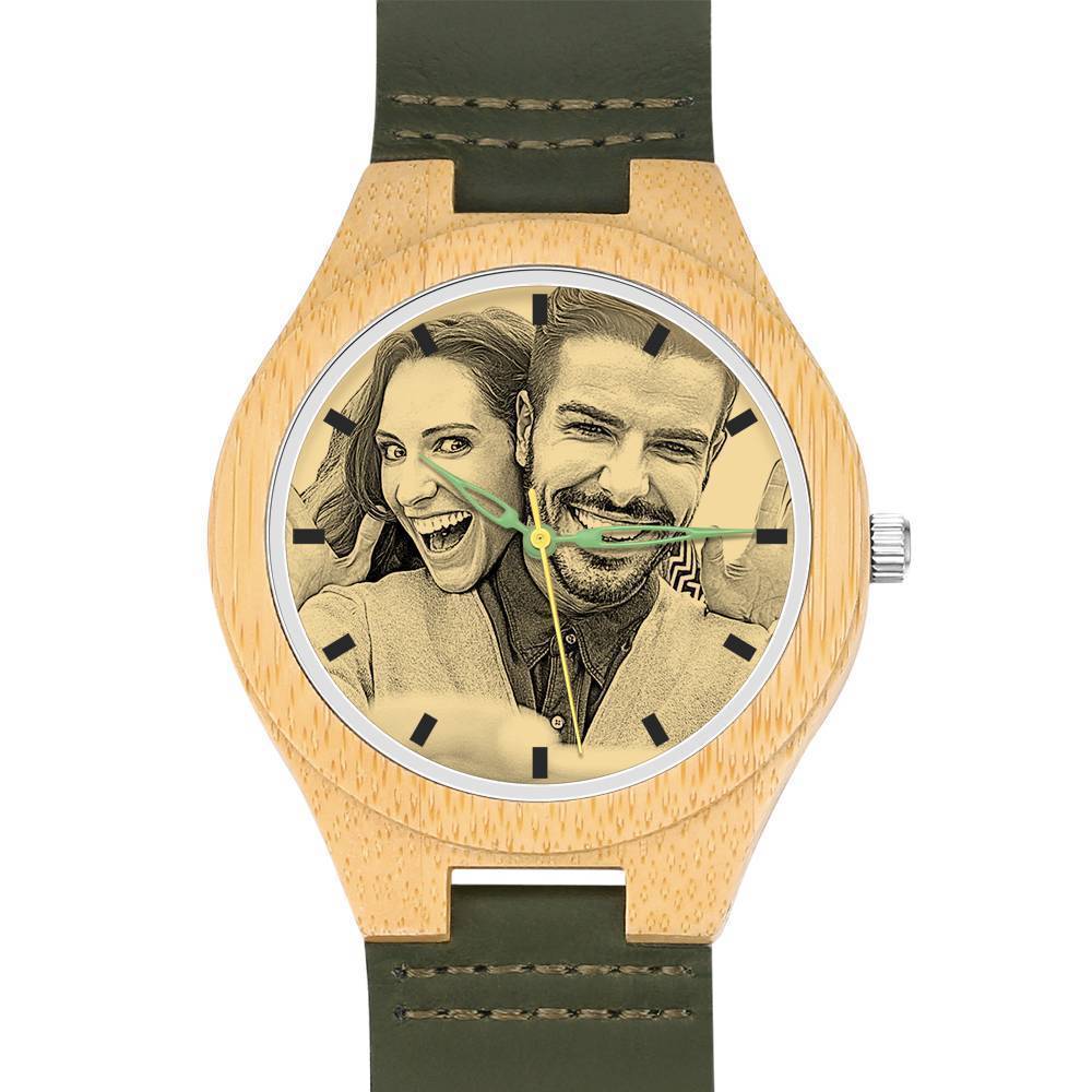 Men's Engraved Bamboo Photo Watch Dark Green Leather Strap 45mm