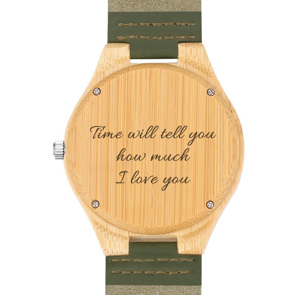 Men's Engraved Bamboo Photo Watch Dark Green Leather Strap 45mm