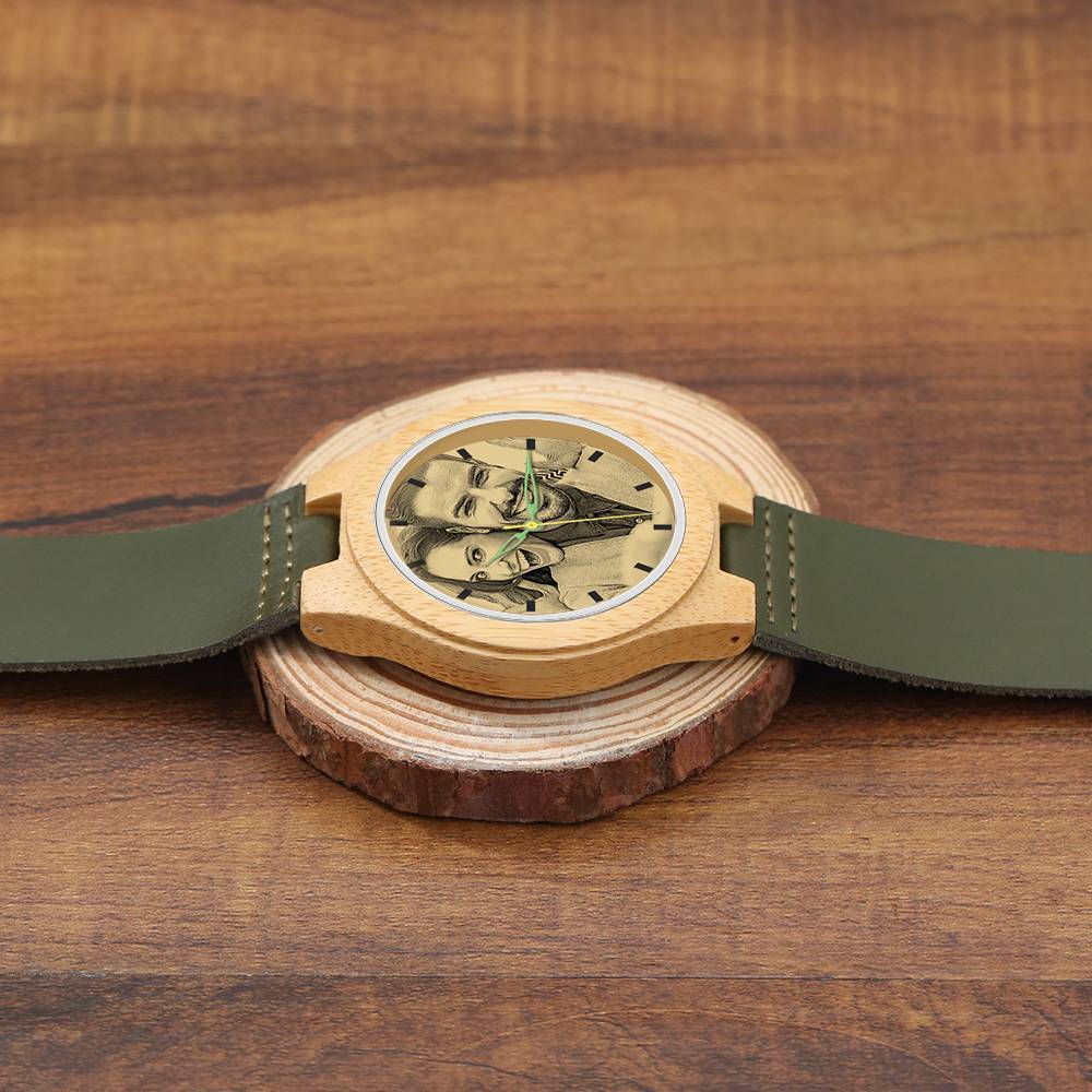 Men's Engraved Bamboo Photo Watch Dark Green Leather Strap 45mm