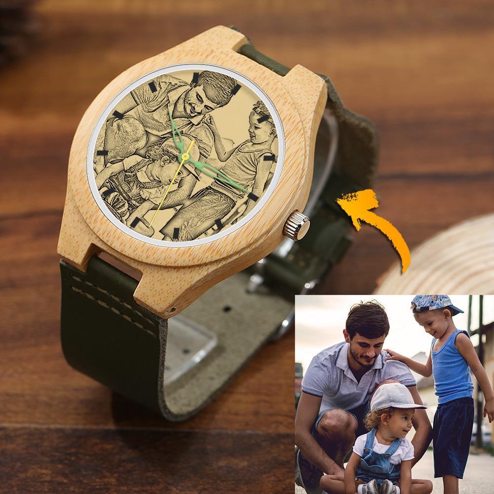 Men's Engraved Bamboo Photo Watch Wooden Leather Strap 45mm