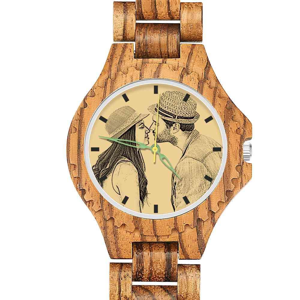 Men's Engraved Wooden Photo Watch Wooden Strap 45mm - soufeelus