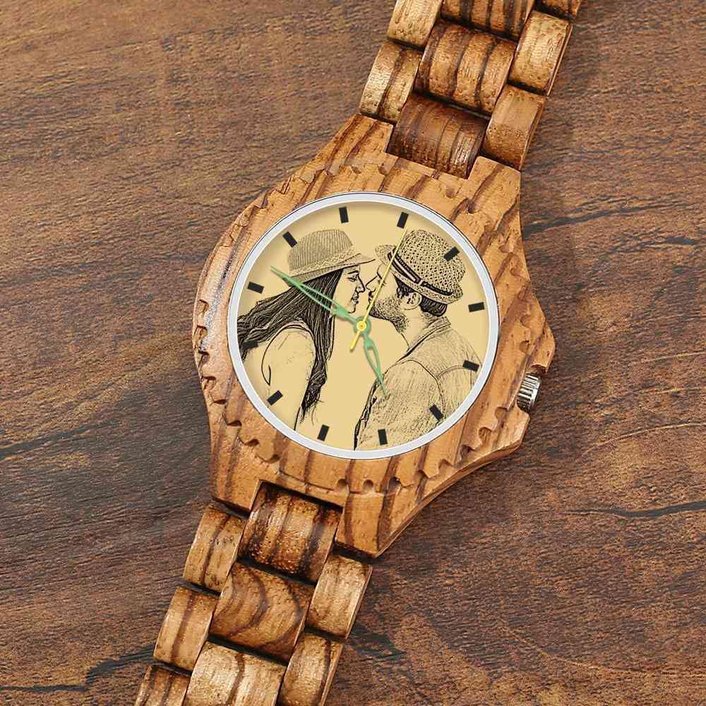 Men's Engraved Wooden Photo Watch Wooden Strap 45mm - soufeelus