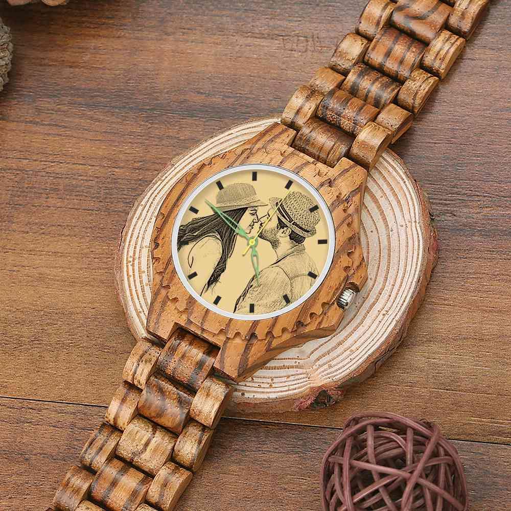 Men's Engraved Wooden Photo Watch Wooden Strap 45mm - soufeelus