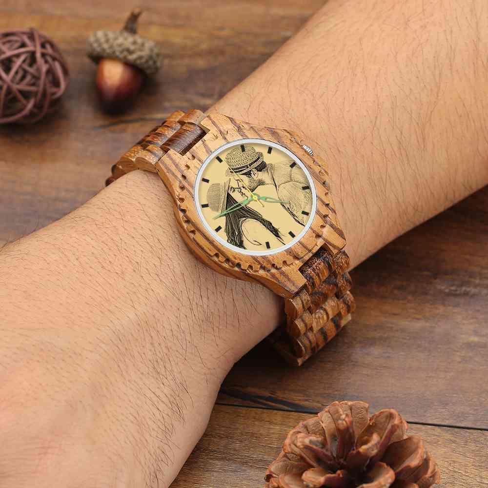 Men's Engraved Wooden Photo Watch Wooden Strap 45mm - soufeelus