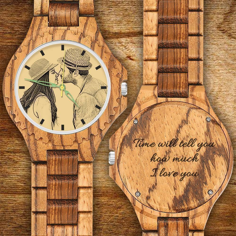 Men's Engraved Wooden Photo Watch Wooden Strap 45mm - soufeelus