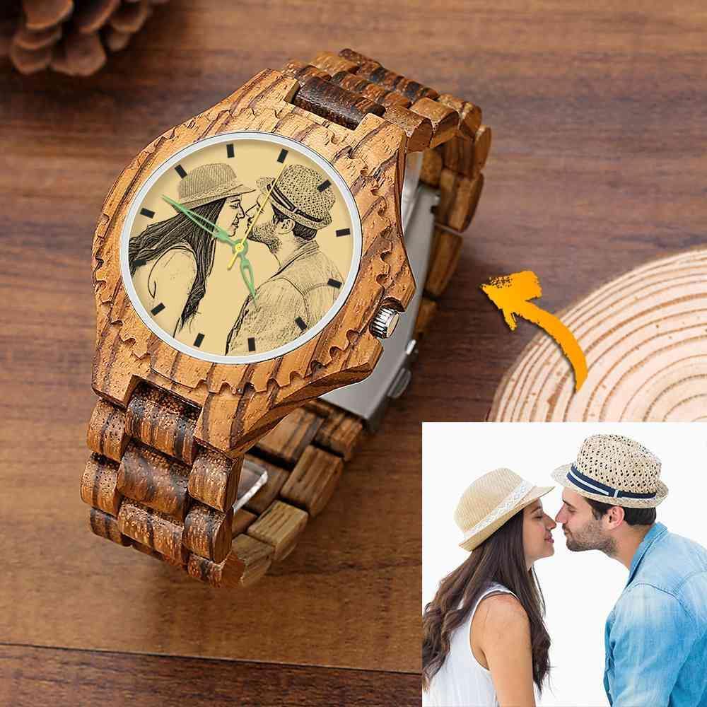 Men's Engraved Wooden Photo Watch Wooden Strap 45mm - soufeelus