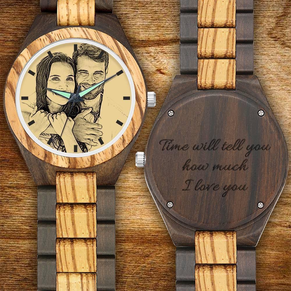 Men's Engraved Wooden Photo Watch Wooden Strap 45mm