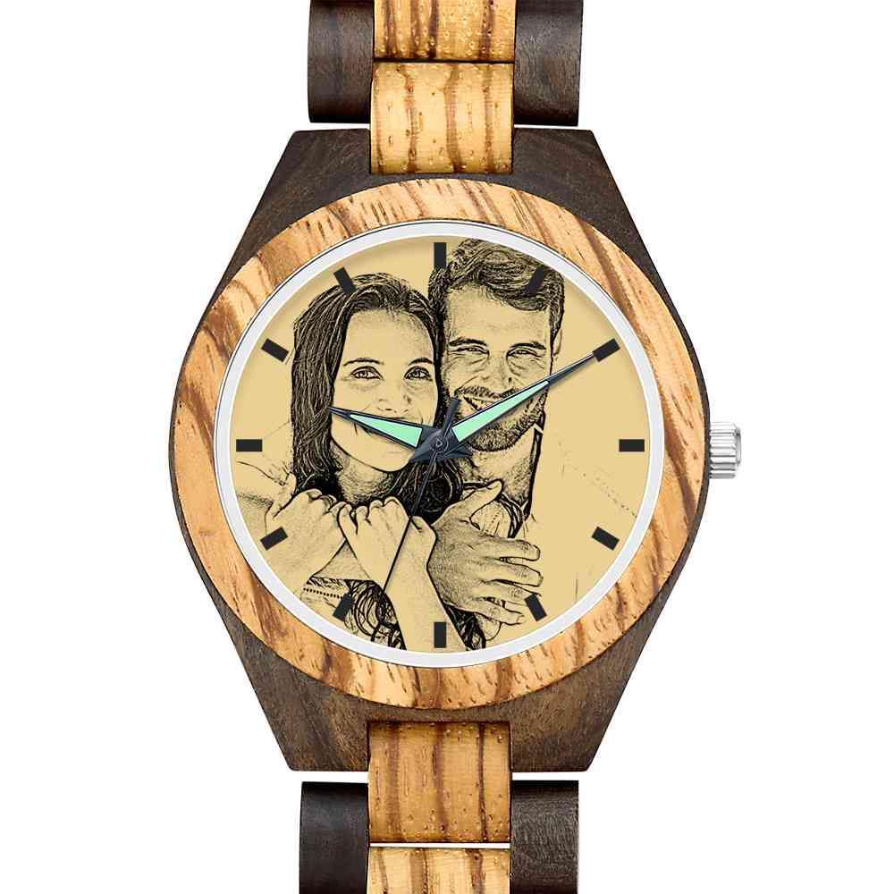 Men's Engraved Wooden Photo Watch Wooden Strap 45mm - soufeelus