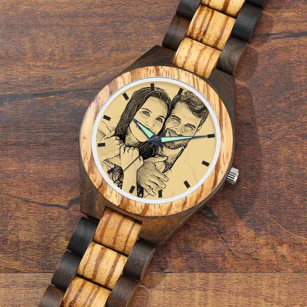 Men's Engraved Wooden Photo Watch Wooden Strap 45mm - soufeelus