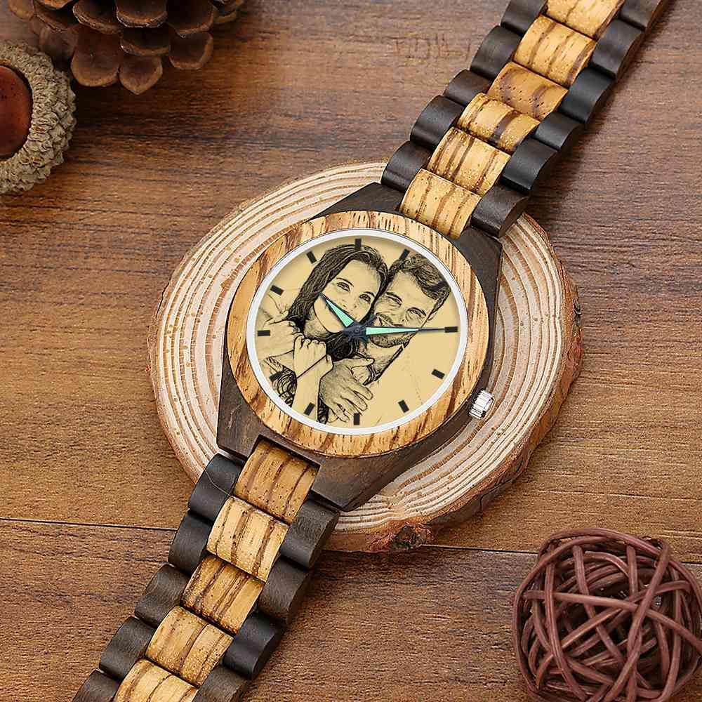 Men's Engraved Wooden Photo Watch Wooden Strap 45mm