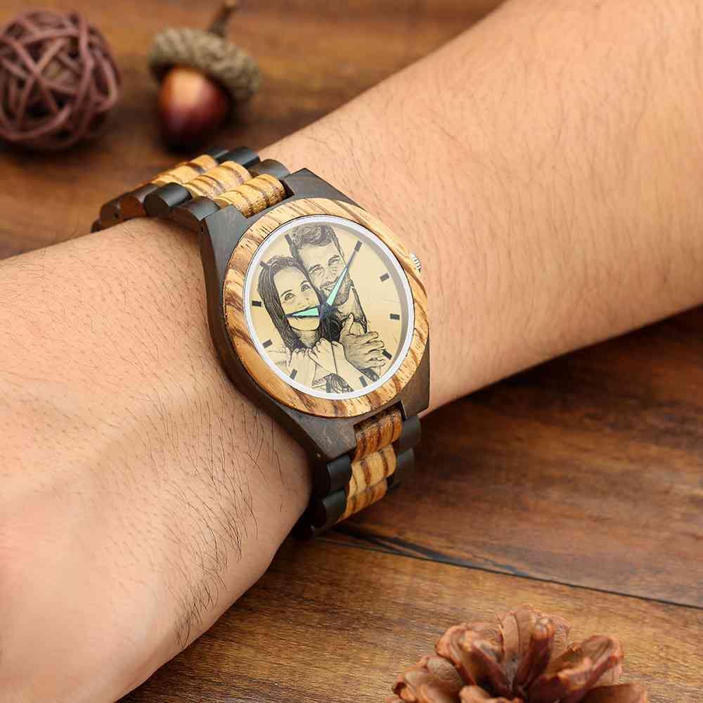 Men's Engraved Wooden Photo Watch Wooden Strap 45mm - soufeelus