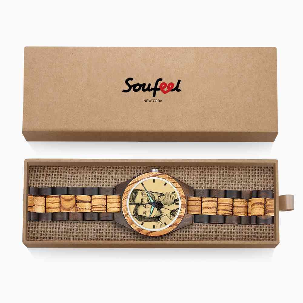 Men's Engraved Wooden Photo Watch Wooden Strap 45mm - soufeelus