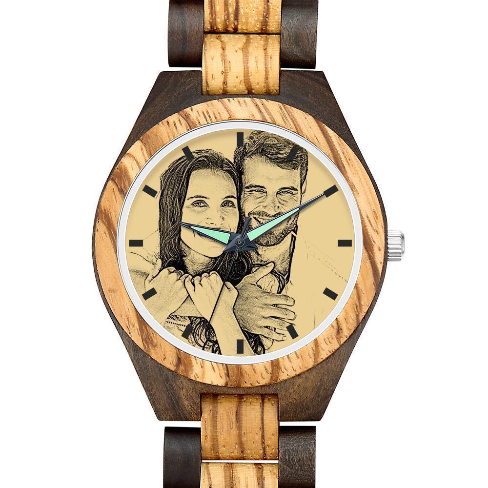 Engraved Wooden Photo Watch Wooden Strap 38mm Sketch Effect - Women's - soufeelus