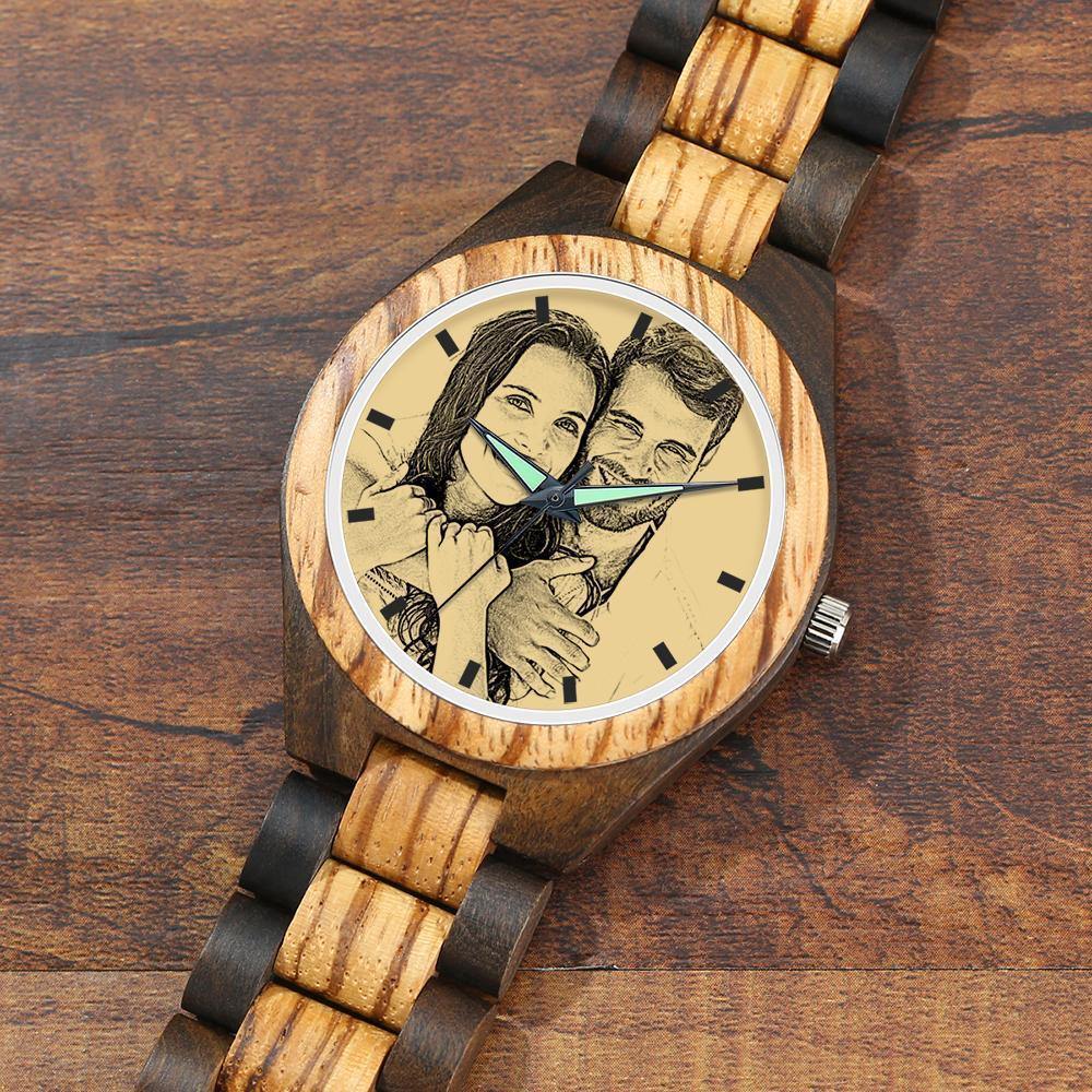 Engraved Wooden Photo Watch Wooden Strap 38mm Sketch Effect - Women's - soufeelus