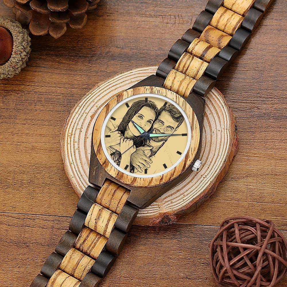 Engraved Wooden Photo Watch Wooden Strap 38mm Sketch Effect - Women's - soufeelus