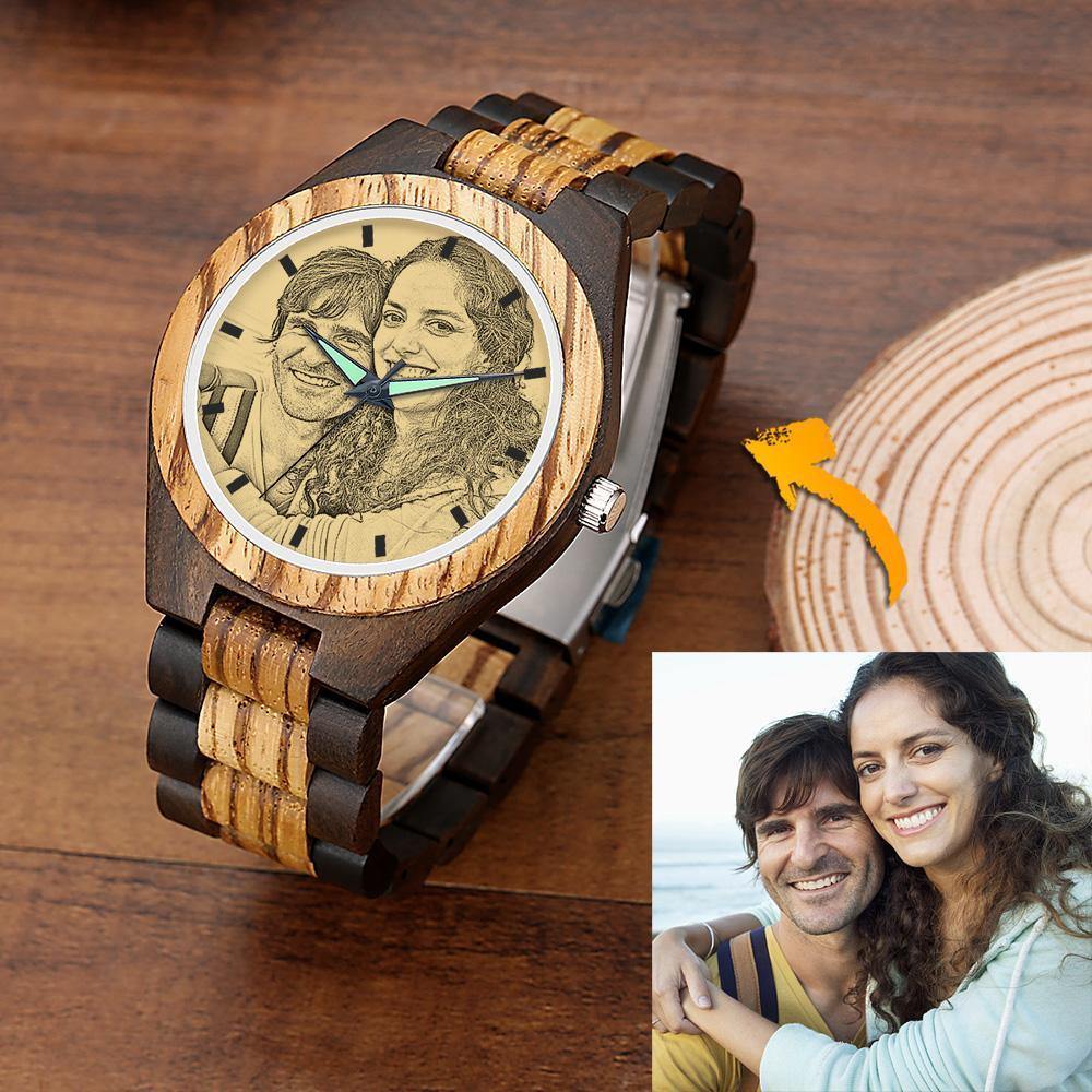 Men's Engraved Wooden Photo Watch Wooden Strap 45mm