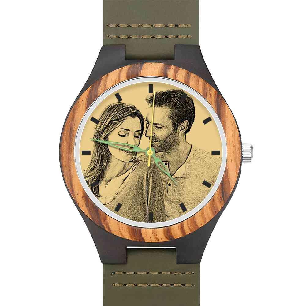 Men's Engraved Wooden Photo Watch Dark Green Leather Strap 45mm - soufeelus