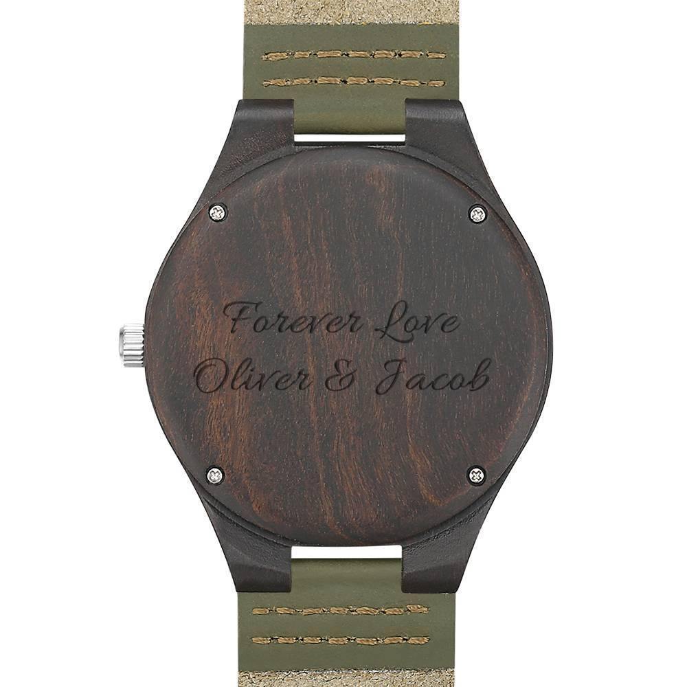 Men's Engraved Wooden Photo Watch Dark Green Leather Strap 45mm - soufeelus