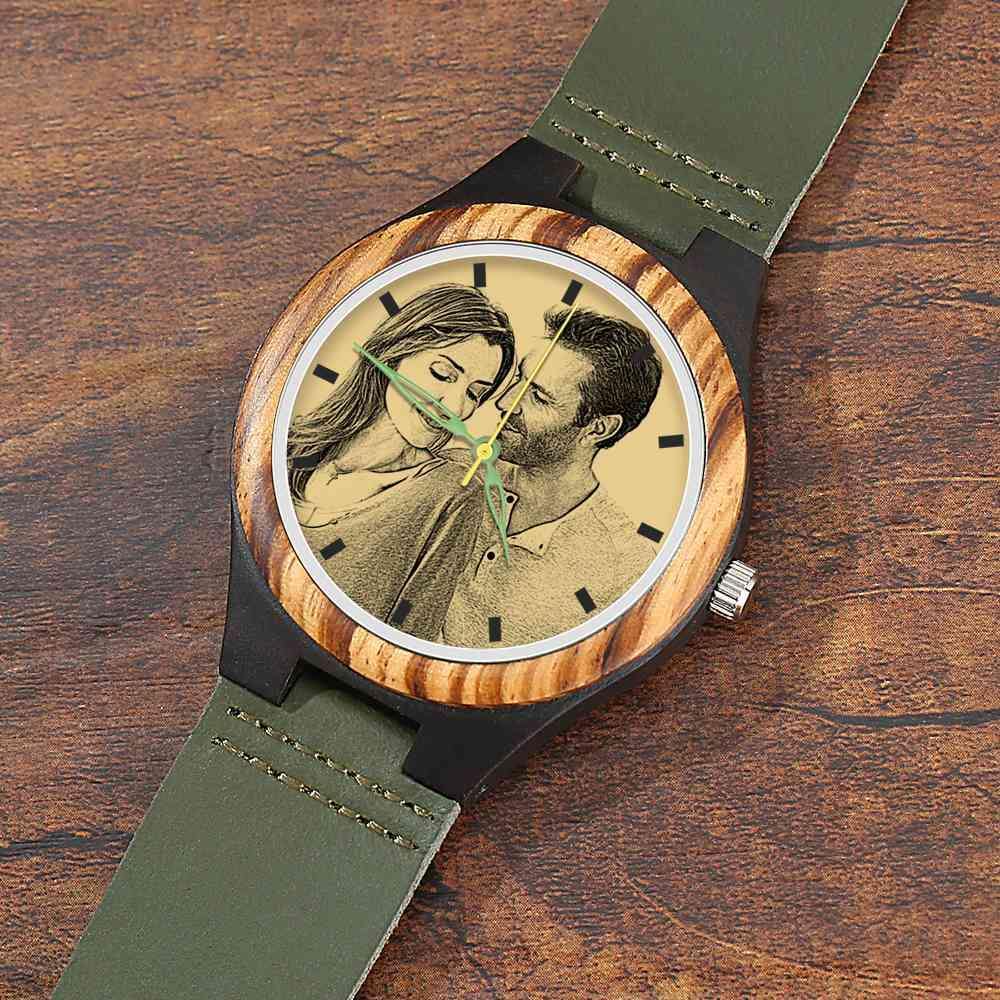 Men's Engraved Wooden Photo Watch Dark Green Leather Strap 45mm - soufeelus