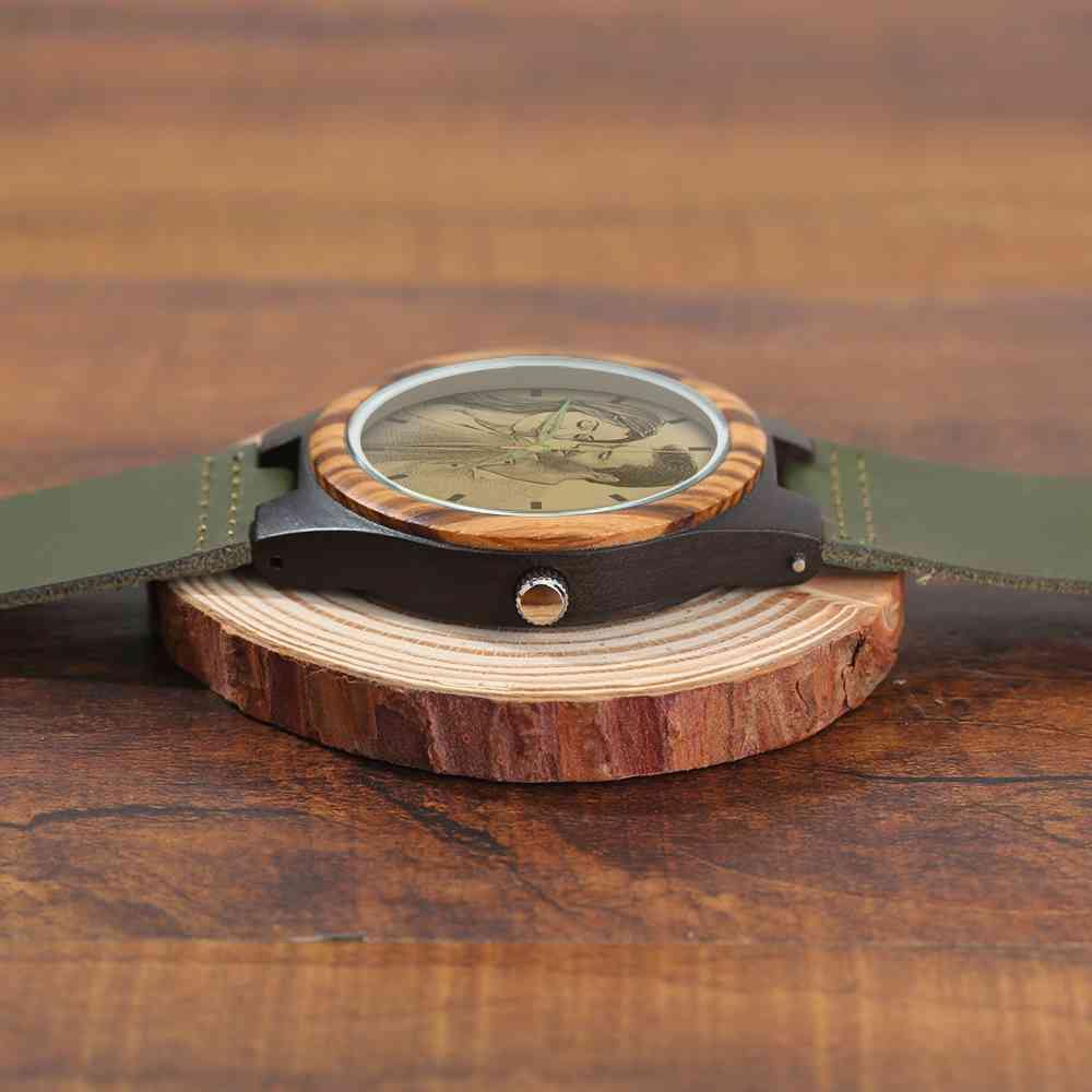 Men's Engraved Wooden Photo Watch Dark Green Leather Strap 45mm - soufeelus