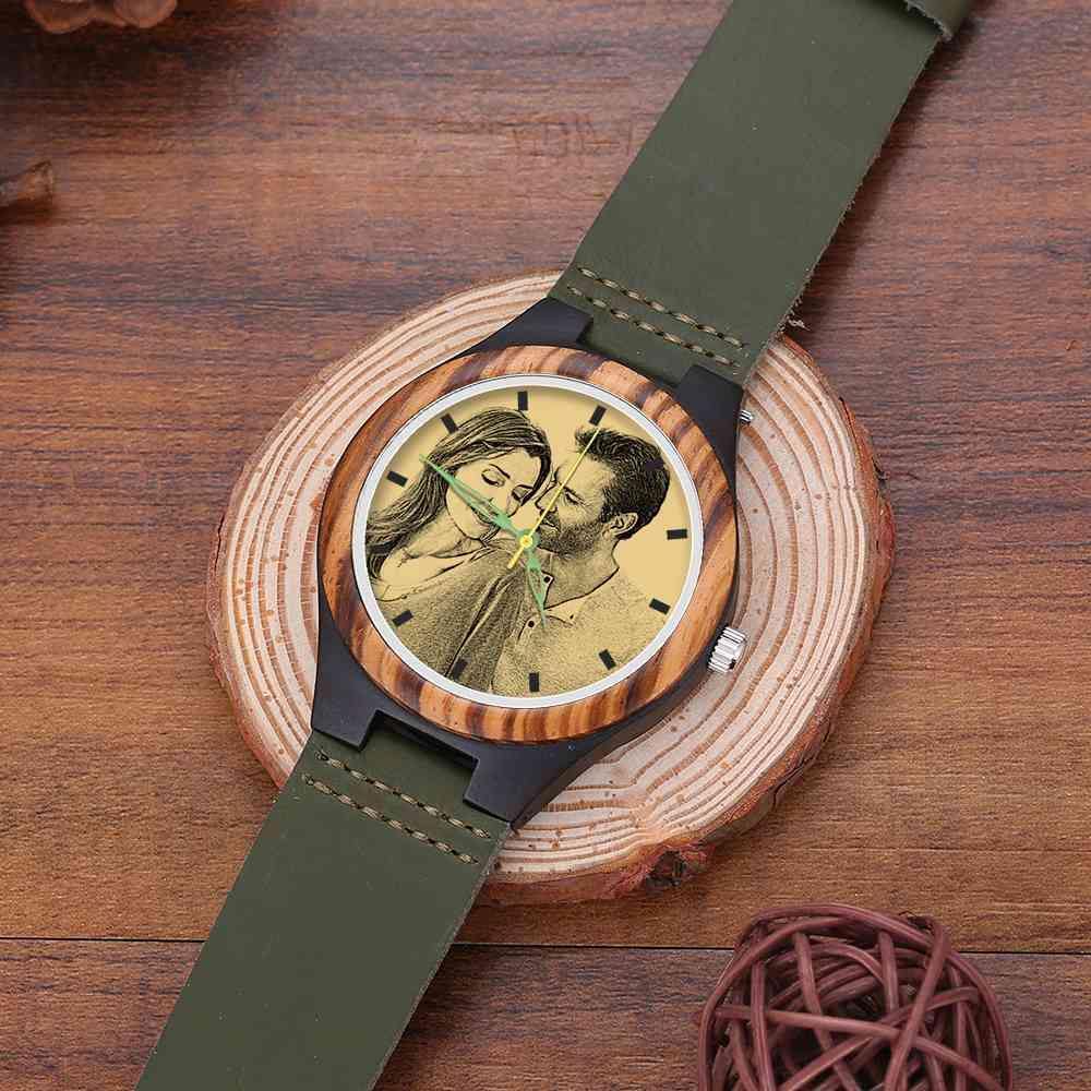 Men's Engraved Wooden Photo Watch Dark Green Leather Strap 45mm - soufeelus