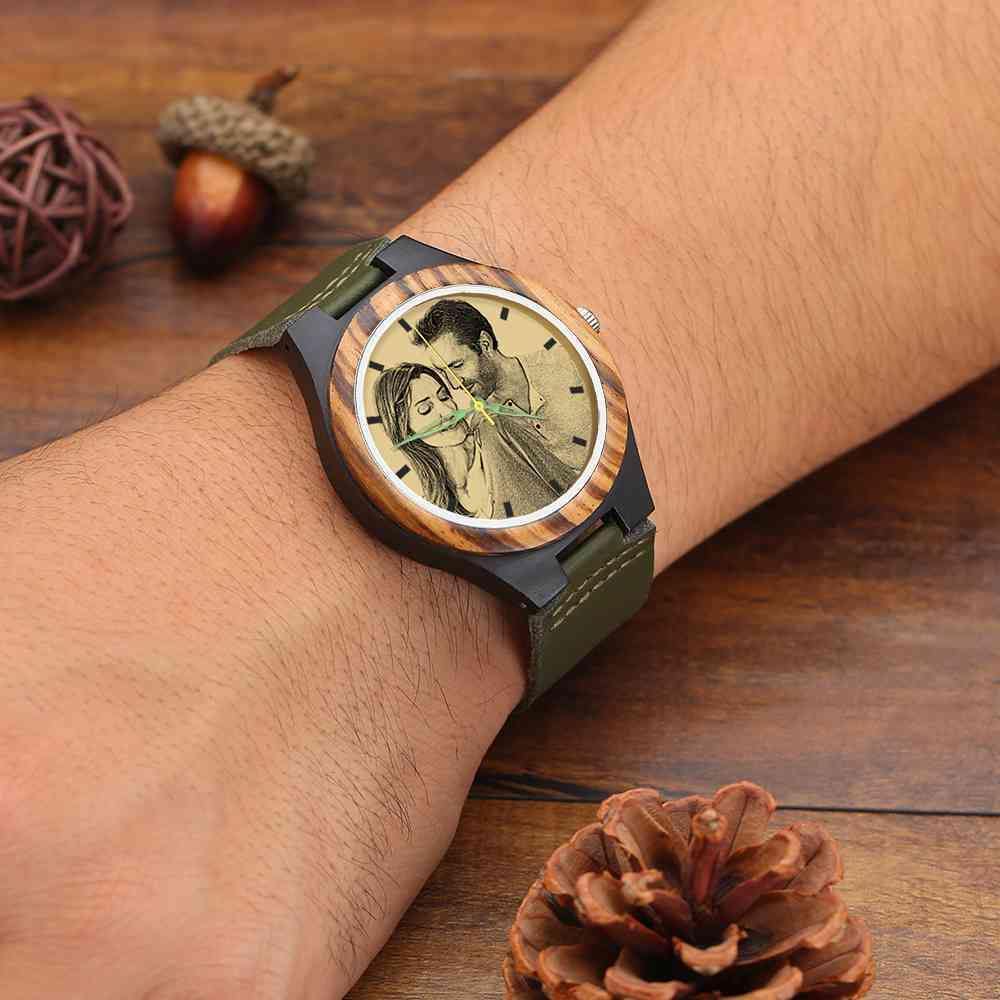 Men's Engraved Wooden Photo Watch Dark Green Leather Strap 45mm - soufeelus