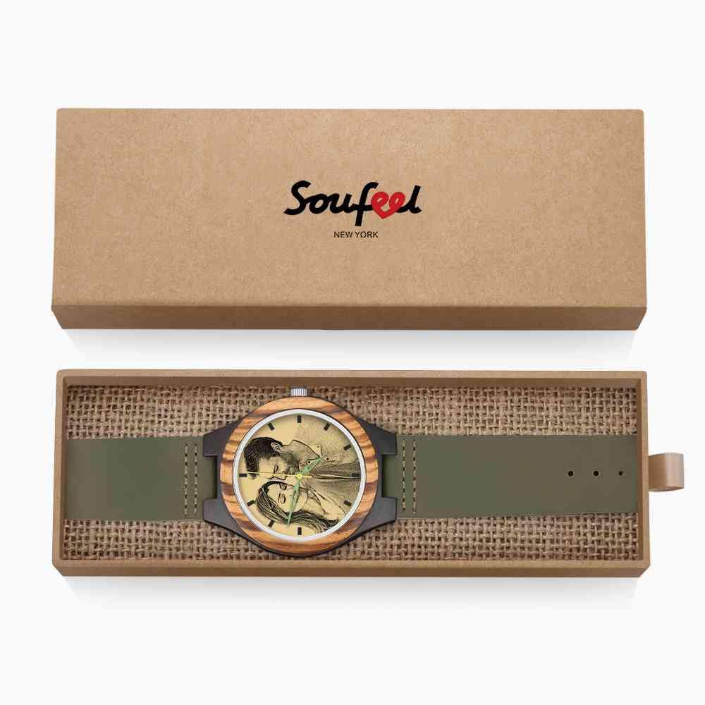 Men's Engraved Wooden Photo Watch Dark Green Leather Strap 45mm - soufeelus