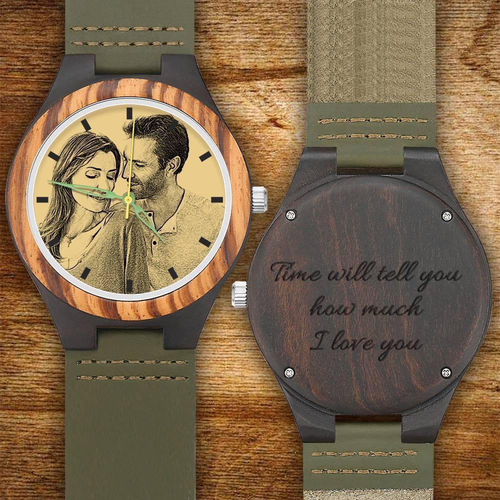 Men's Engraved Wooden Photo Watch Dark Green Leather Strap 45mm - soufeelus