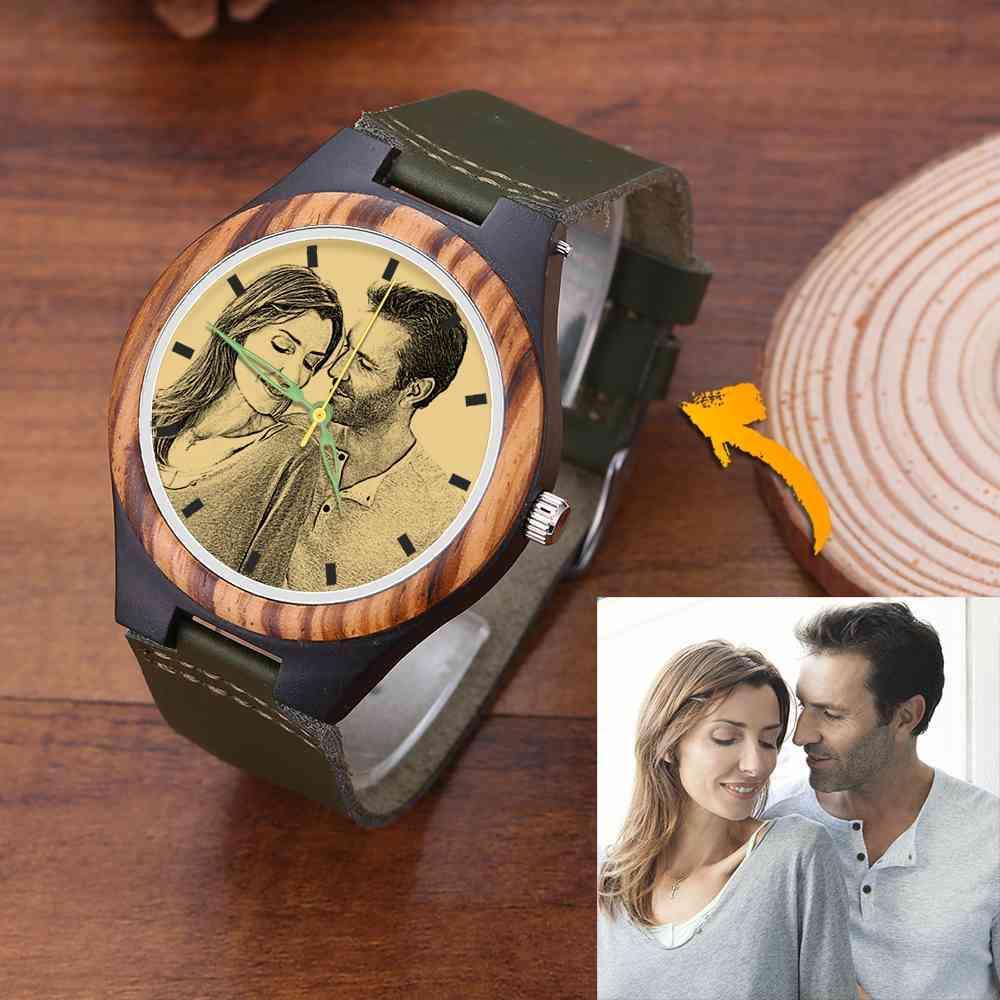 Men's Engraved Wooden Photo Watch Dark Green Leather Strap 45mm - soufeelus