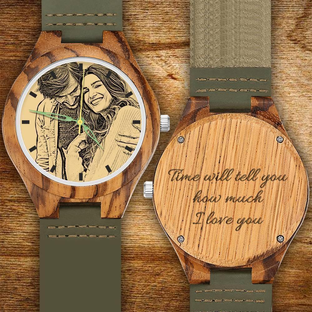 Men's Engraved Wooden Photo Watch Dark Green Leather Strap 45mm - soufeelus