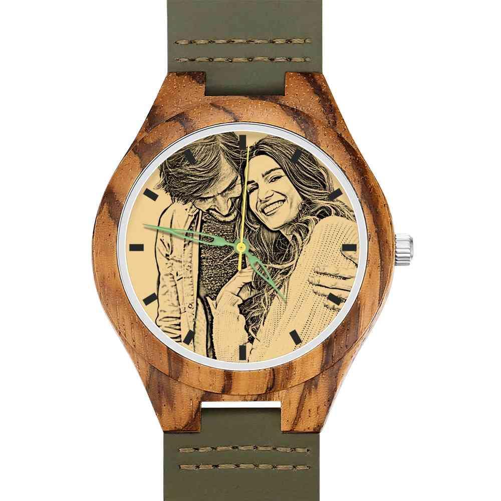 Men's Engraved Wooden Photo Watch Dark Green Leather Strap 45mm - soufeelus