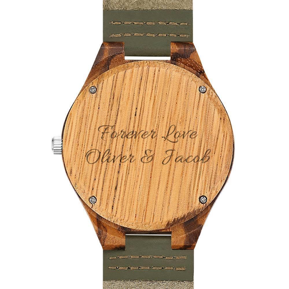 Men's Engraved Wooden Photo Watch Dark Green Leather Strap 45mm - soufeelus