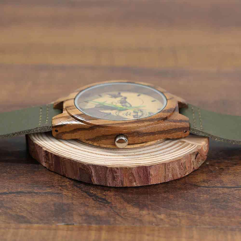 Men's Engraved Wooden Photo Watch Dark Green Leather Strap 45mm - soufeelus