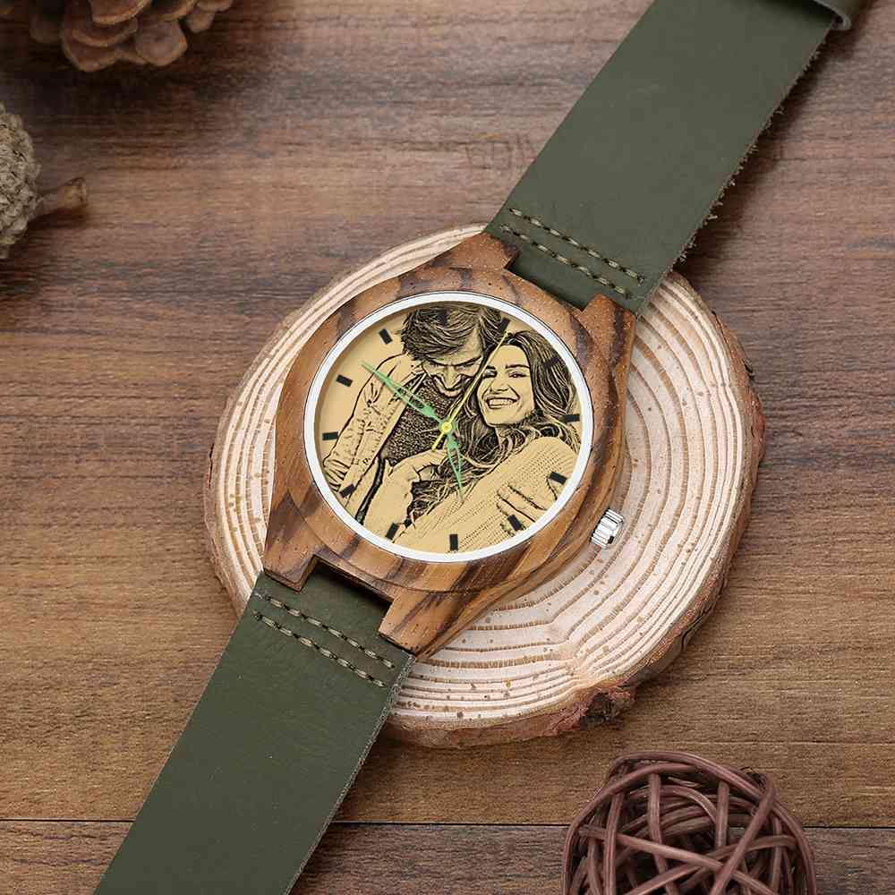 Men's Engraved Wooden Photo Watch Dark Green Leather Strap 45mm - soufeelus