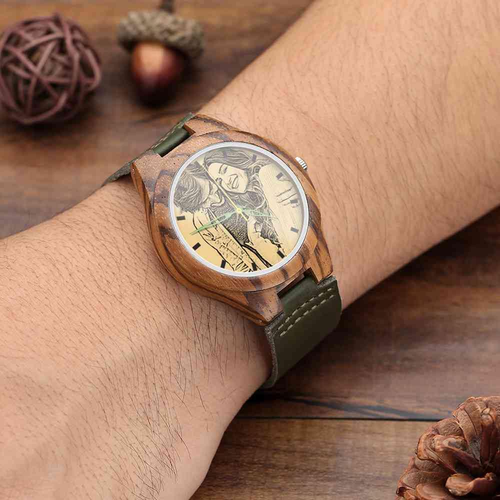 Men's Engraved Wooden Photo Watch Dark Green Leather Strap 45mm - soufeelus