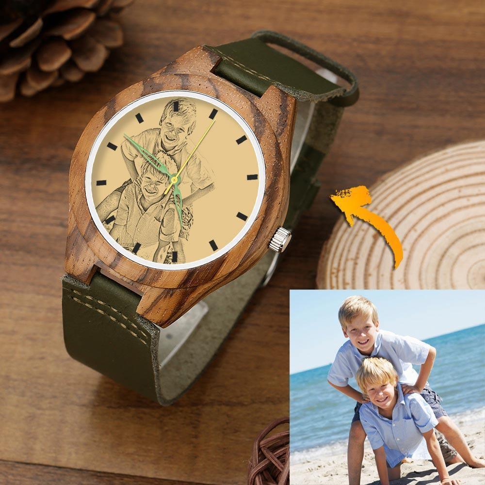 Men's Engraved Wooden Photo Watch Dark Green Leather Strap 45mm - soufeelus