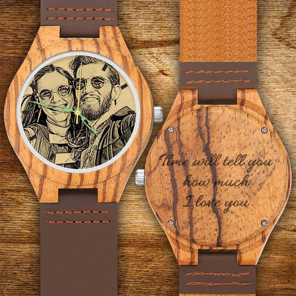 Men's Engraved Wooden Photo Watch Brown Leather Strap 45mm - soufeelus