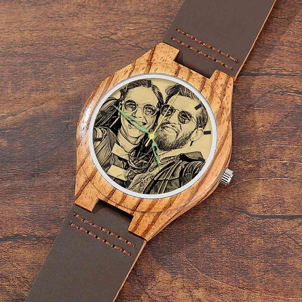 Men's Engraved Wooden Photo Watch Brown Leather Strap 45mm - soufeelus