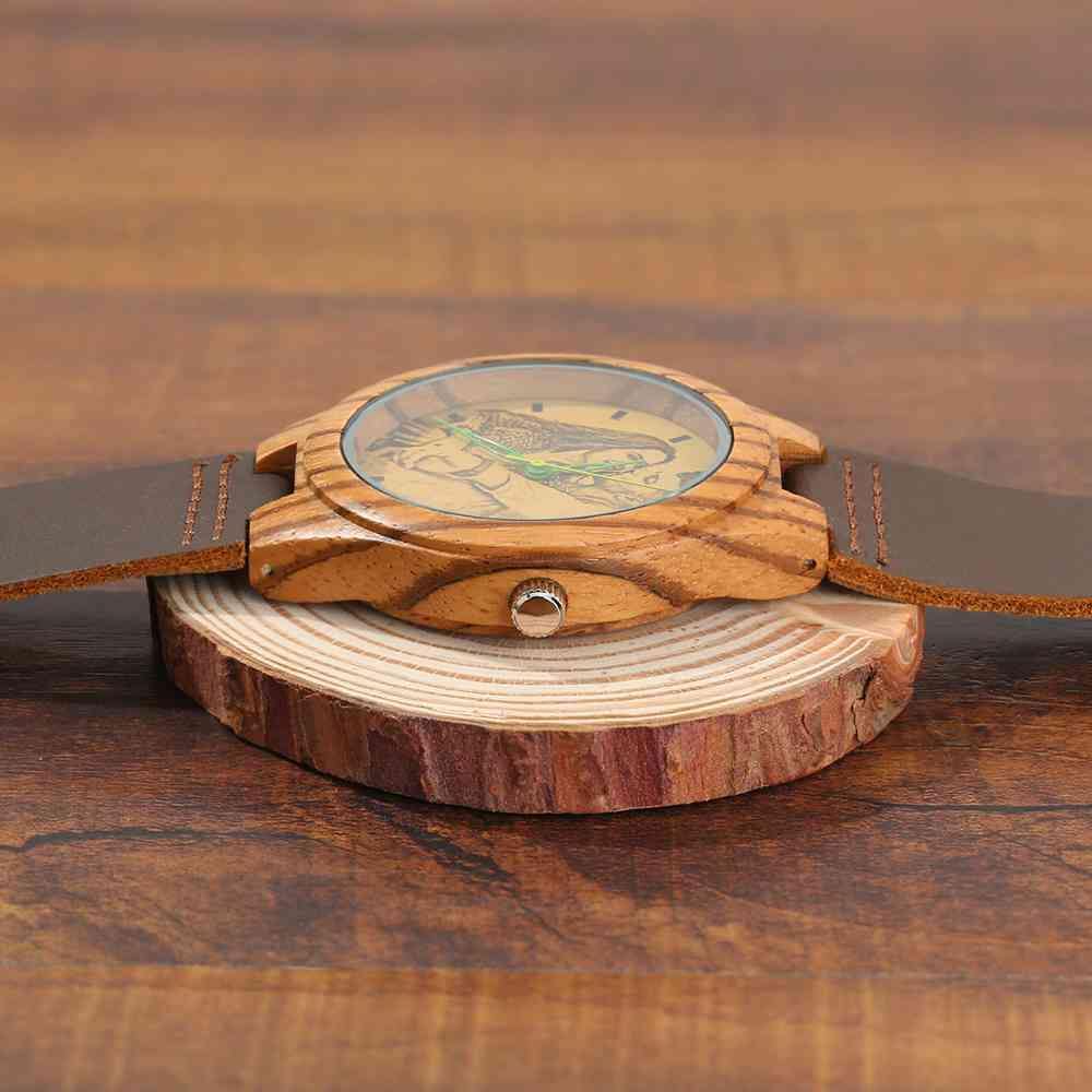 Men's Engraved Wooden Photo Watch Brown Leather Strap 45mm - soufeelus