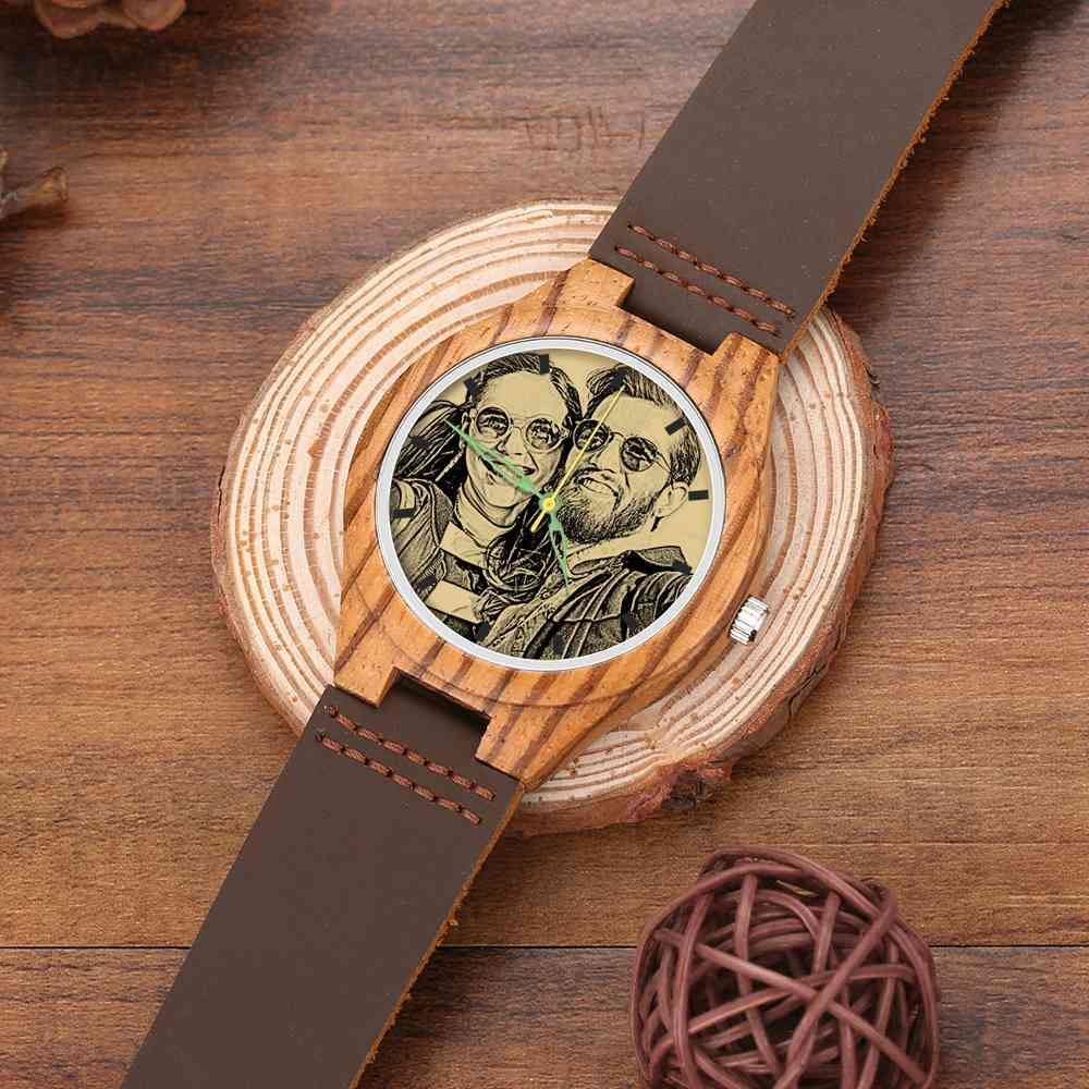 Men's Engraved Wooden Photo Watch Brown Leather Strap 45mm - soufeelus