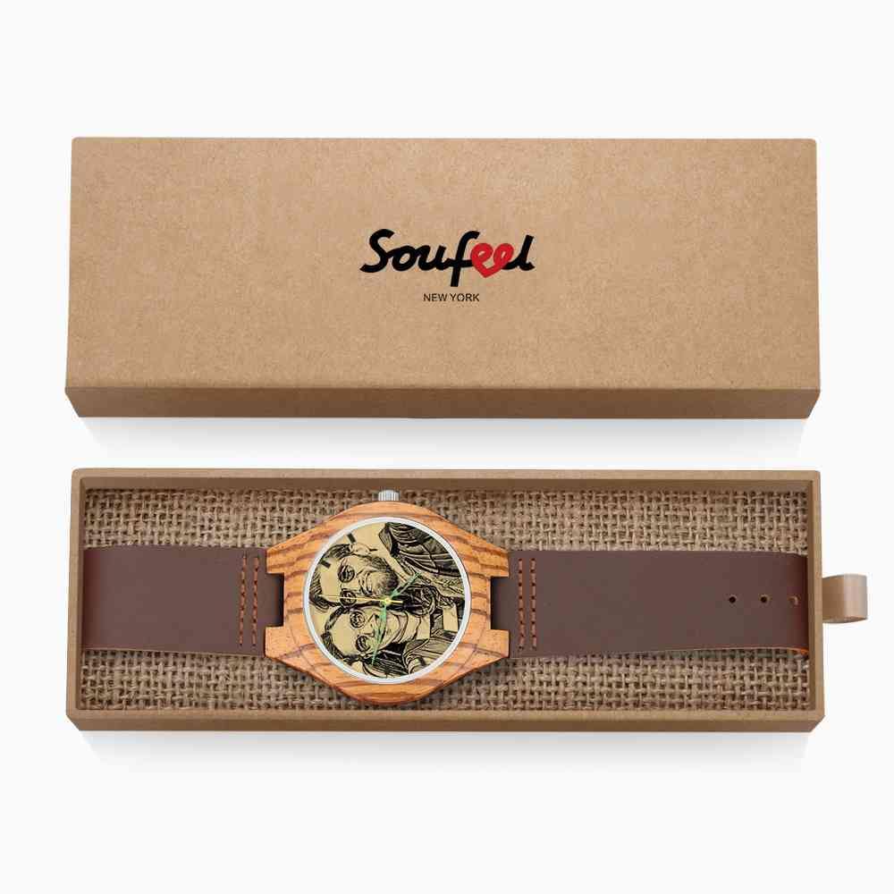 Men's Engraved Wooden Photo Watch Brown Leather Strap 45mm - soufeelus