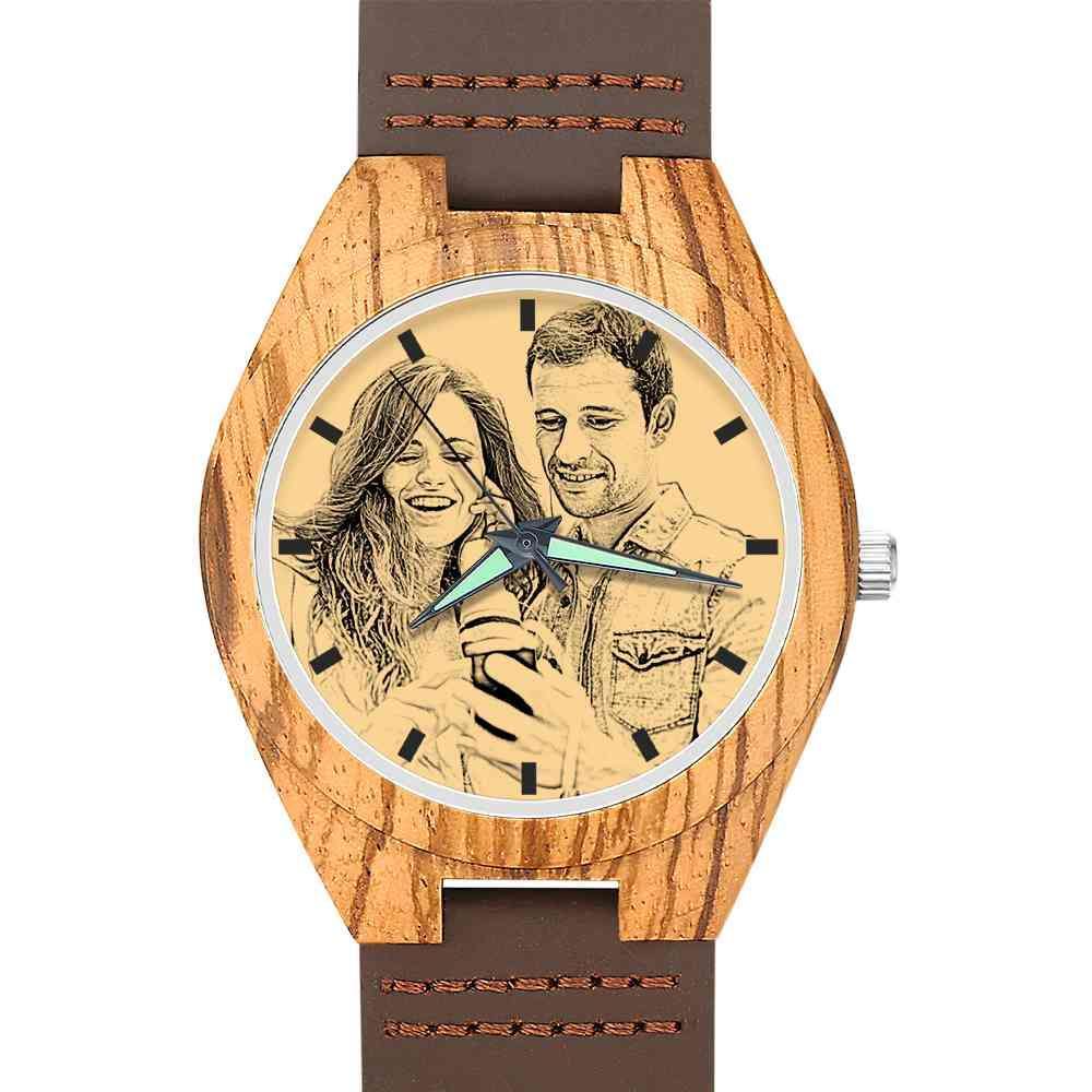 Men's Engraved Wooden Photo Watch Brown Leather Strap 45mm - soufeelus